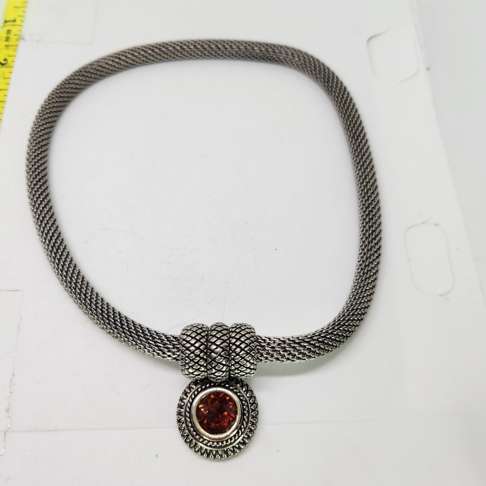 Vintage Cabot Silver Tone Mesh Chain Faux Topaz Pendant Necklace Snap Clasp 16"